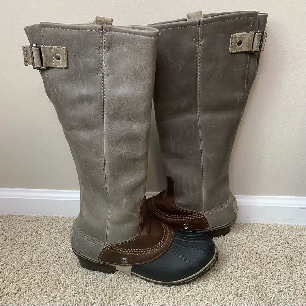 SOREL Slimpack Riding Boot Winter Rain Snow Duck Boot Size 7 Gray Leather Used